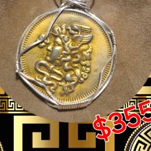 Rare Unique Medusa Coin Pendant Wrapped In Sterling Silver Wire. Sterling Silver